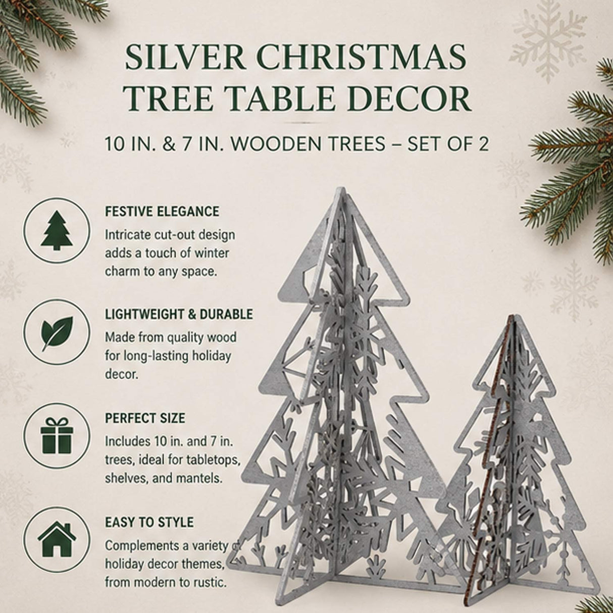 Set of 2 Silver Wooden Christmas Trees Table Decor 10IN & 7IN Modern Holiday Centerpiece