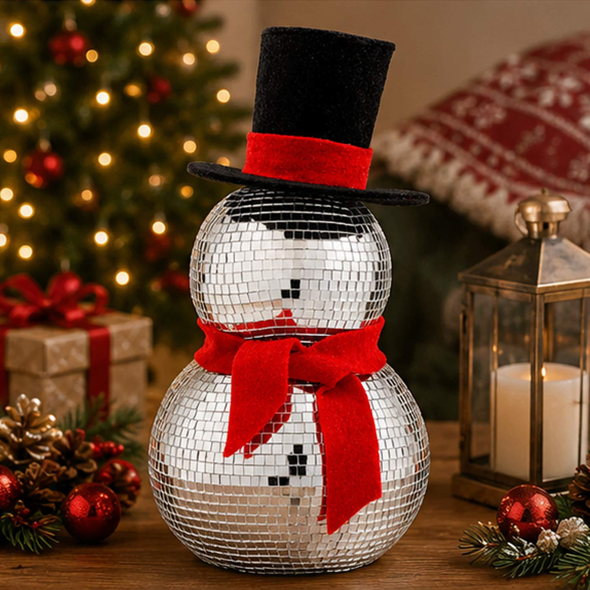 12IN Disco Snowman Figurine with Red Scarf & Black Top Hat Mirror Ball Christmas Decor