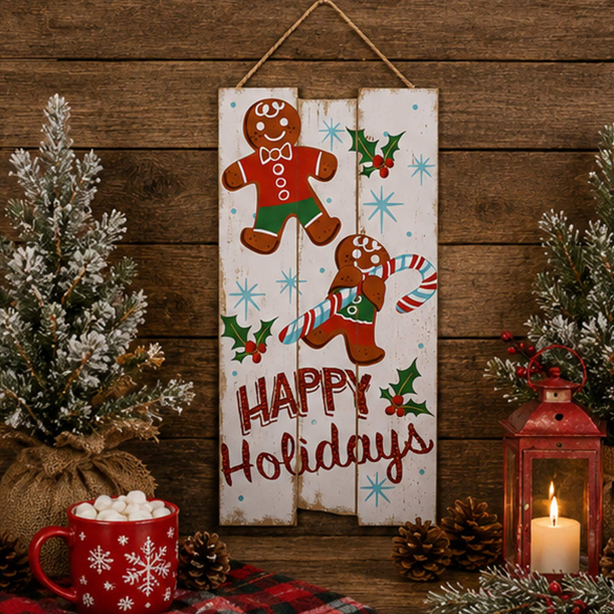 18IN Happy Holidays Gingerbread Wooden Wall Sign Picket Fence Christmas Wall Decor