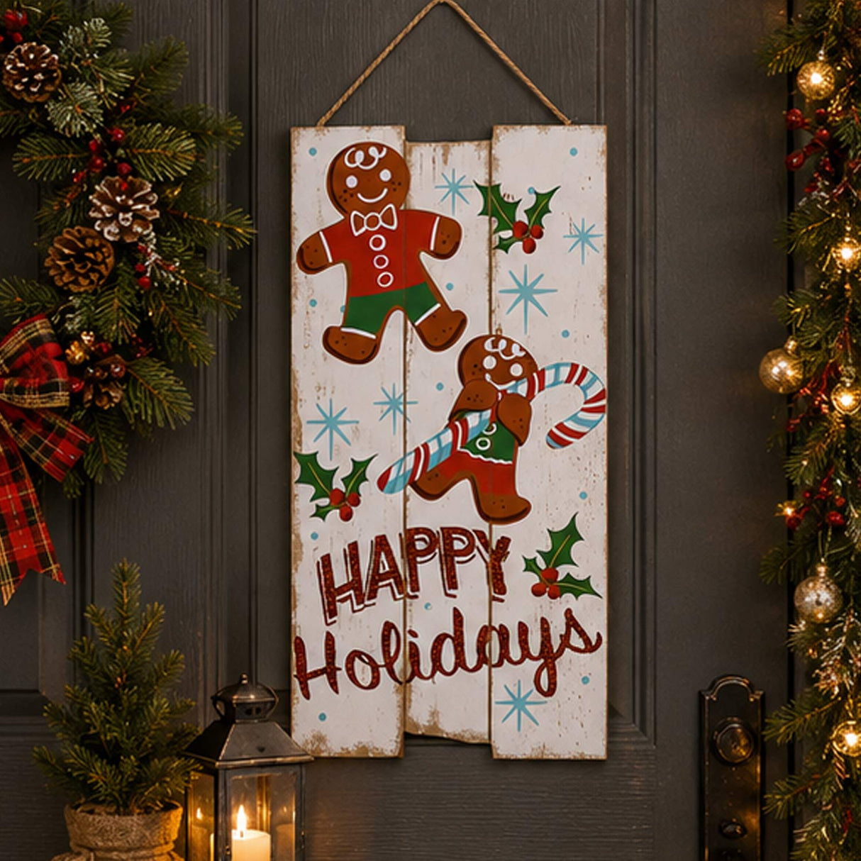 18IN Happy Holidays Gingerbread Wooden Wall Sign Picket Fence Christmas Wall Decor