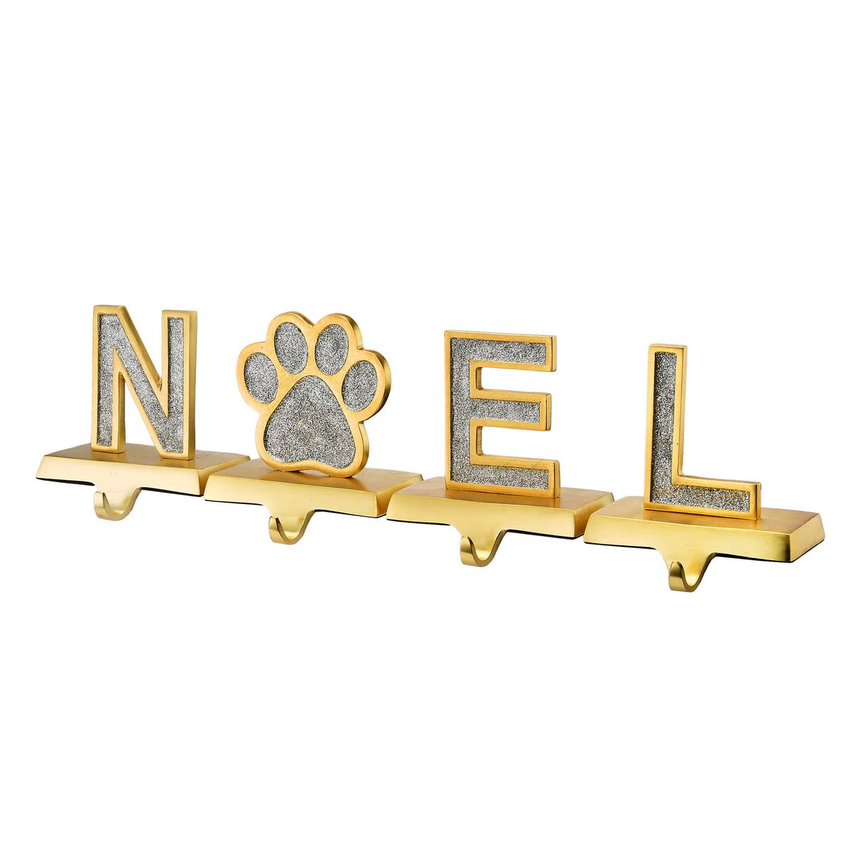 5IN 4-Piece Silver Sparkle NOEL Paw Print Stocking Holders
