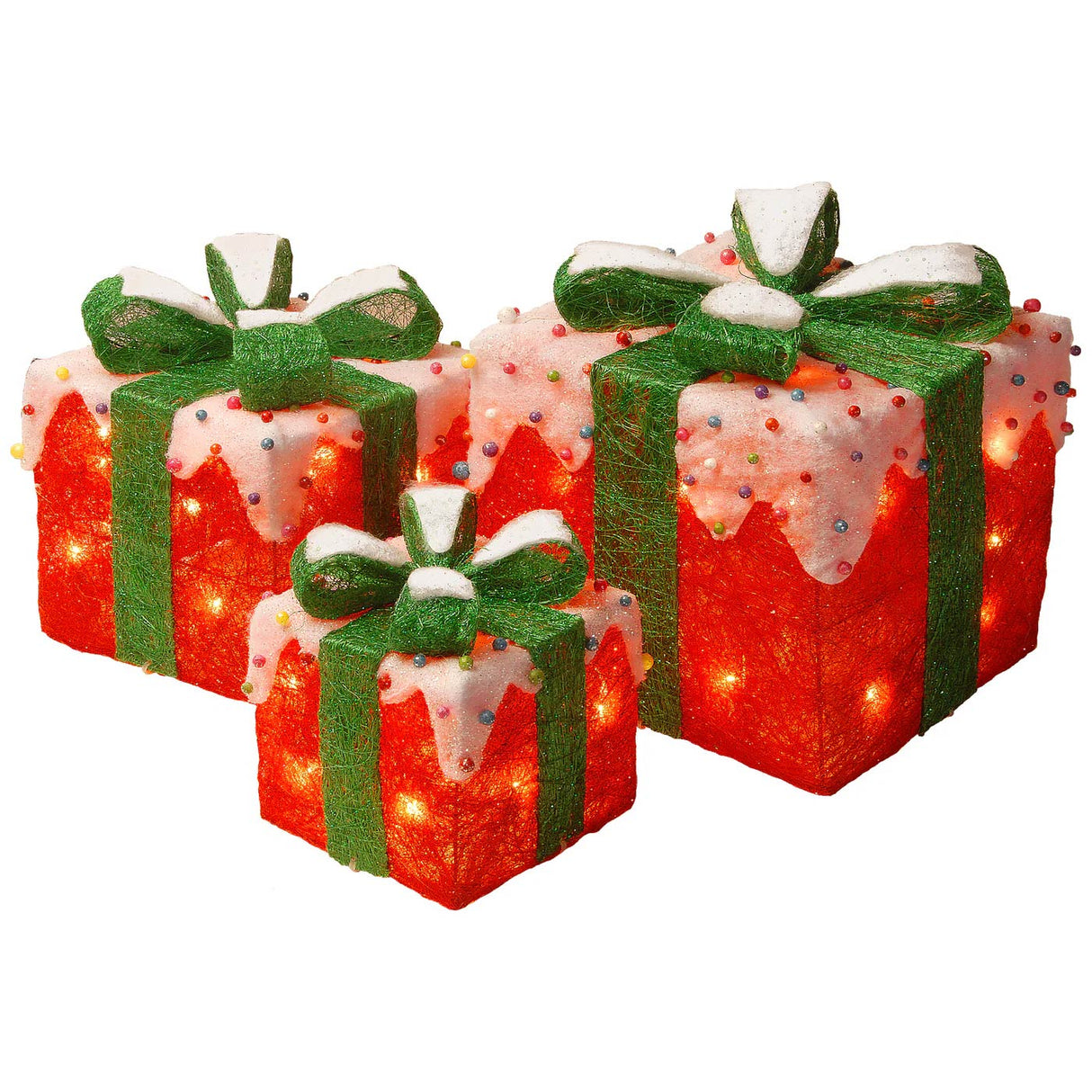 Pre-Lit Red and White Christmas Gift Boxes Set of 3 with White Lights