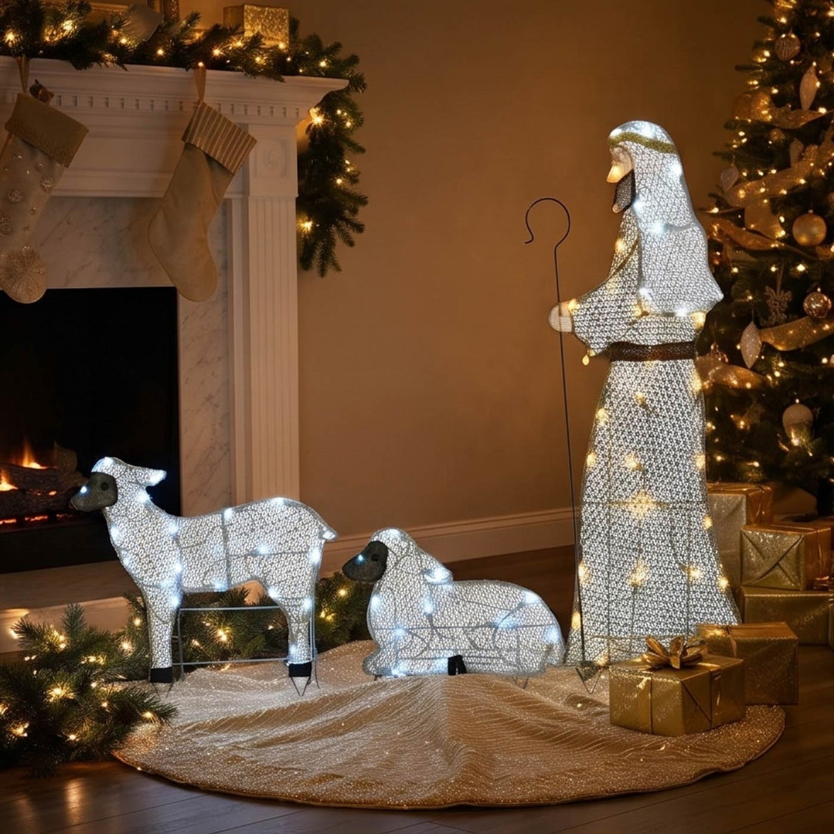 41IN Fabric Glitter Shepherd & Sheep LED Light Set