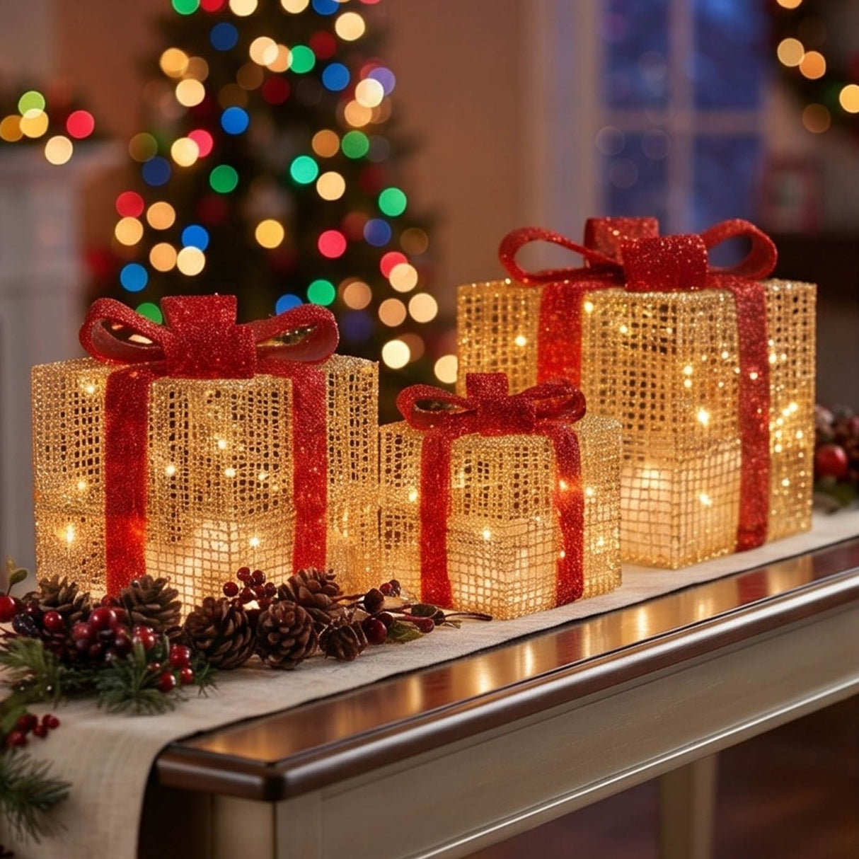 Pre-Lit Gold Gift Boxes, Set of Three, 35 White Lights
