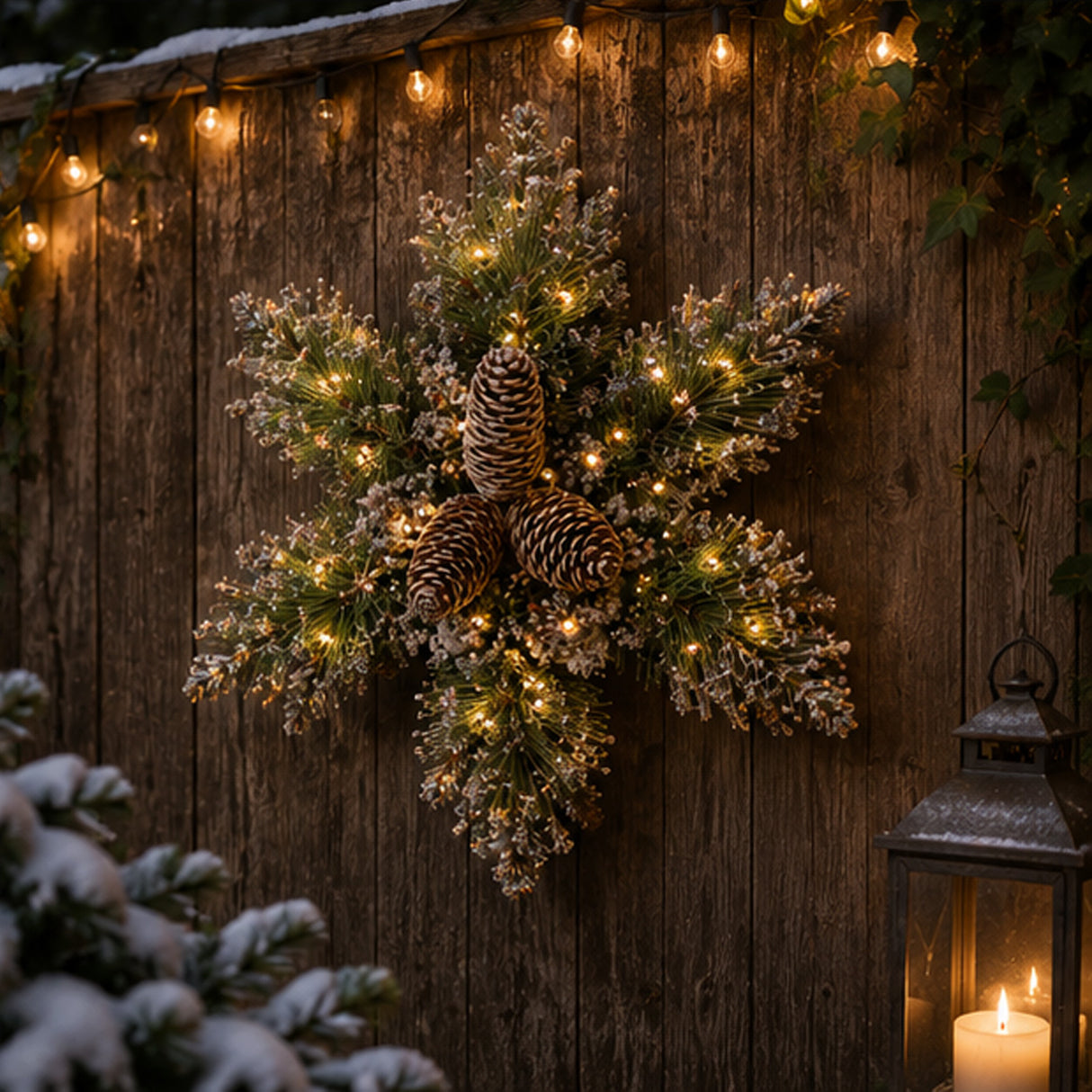 Pre-Lit 14 in. Glittery Bristle Pine Snowflake with Warm White LED Lights