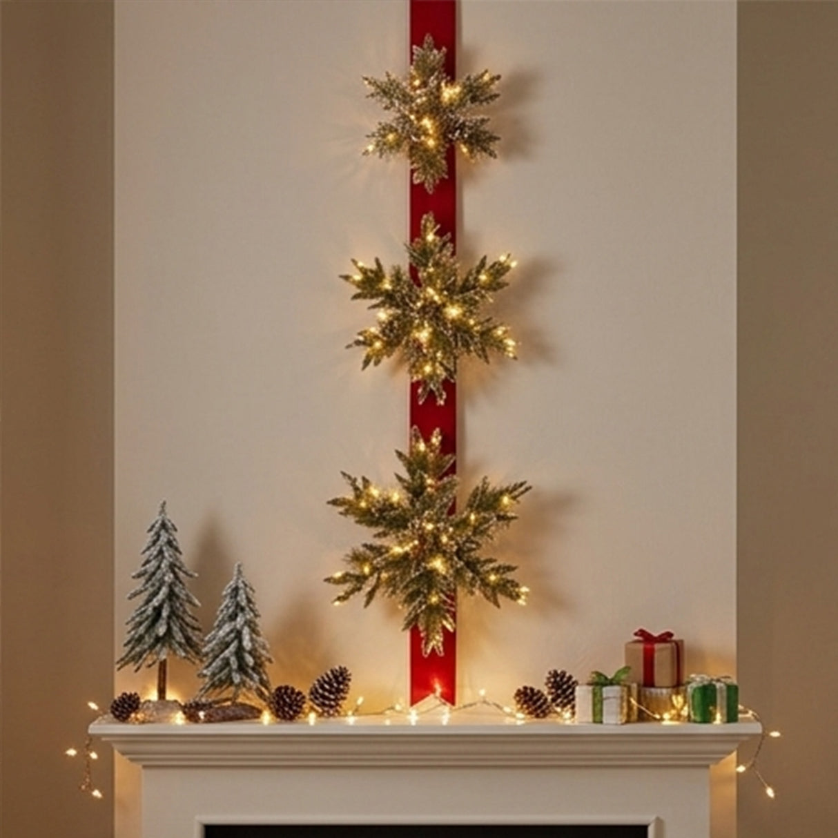 Pre-Lit 70 in. Glittery Bristle Pine Triple Snowflake Hanging Christmas Door Decoration with Warm White LED Lights & Timer