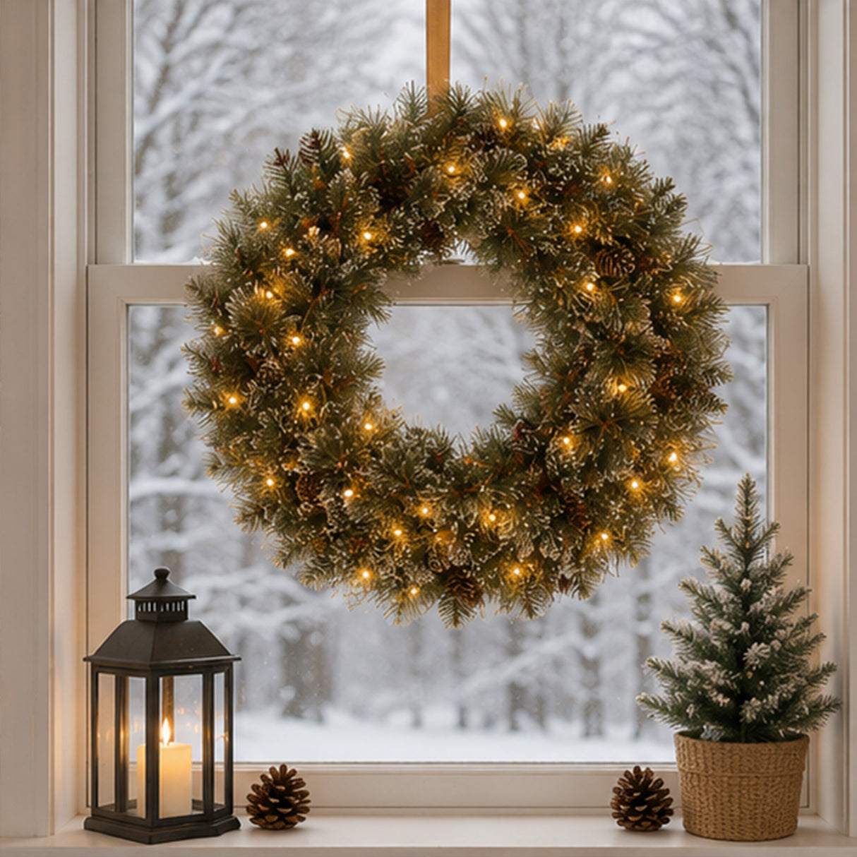24IN Pre Lit Glittery Bristle Pine Wreath with Smart Twinkly LED Lights