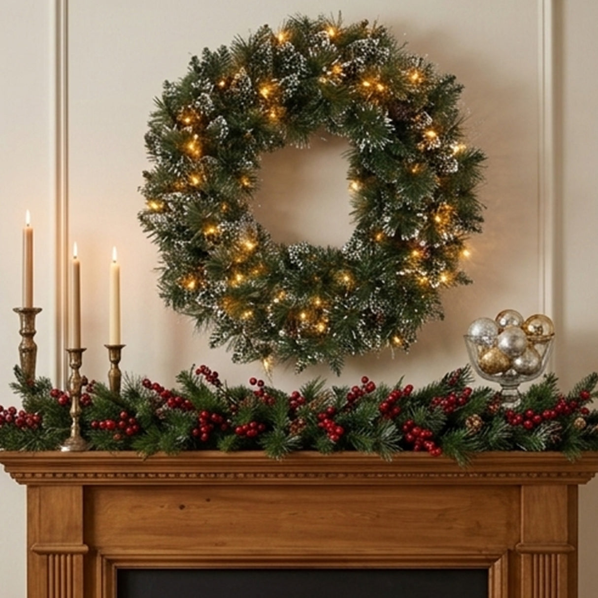 Pre-Lit 24 in. Glittery Bristle Pine Christmas Wreath with 50 Clear Lights