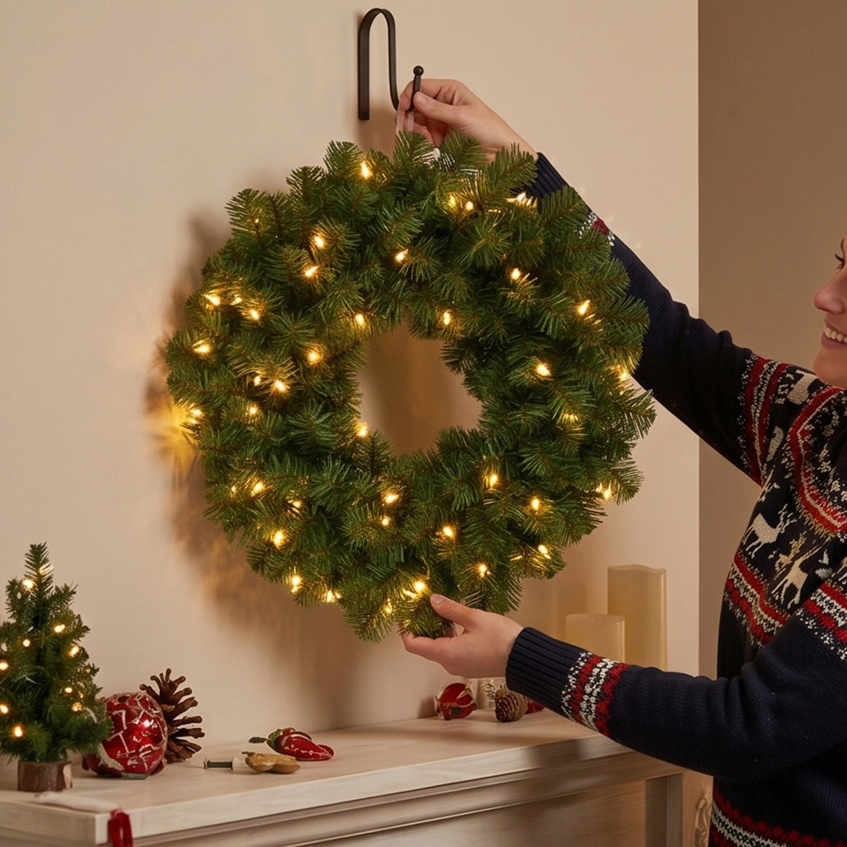 Pre-Lit Evergreen Assortment Set with 2 Entrance Trees, Wreath, and Garland