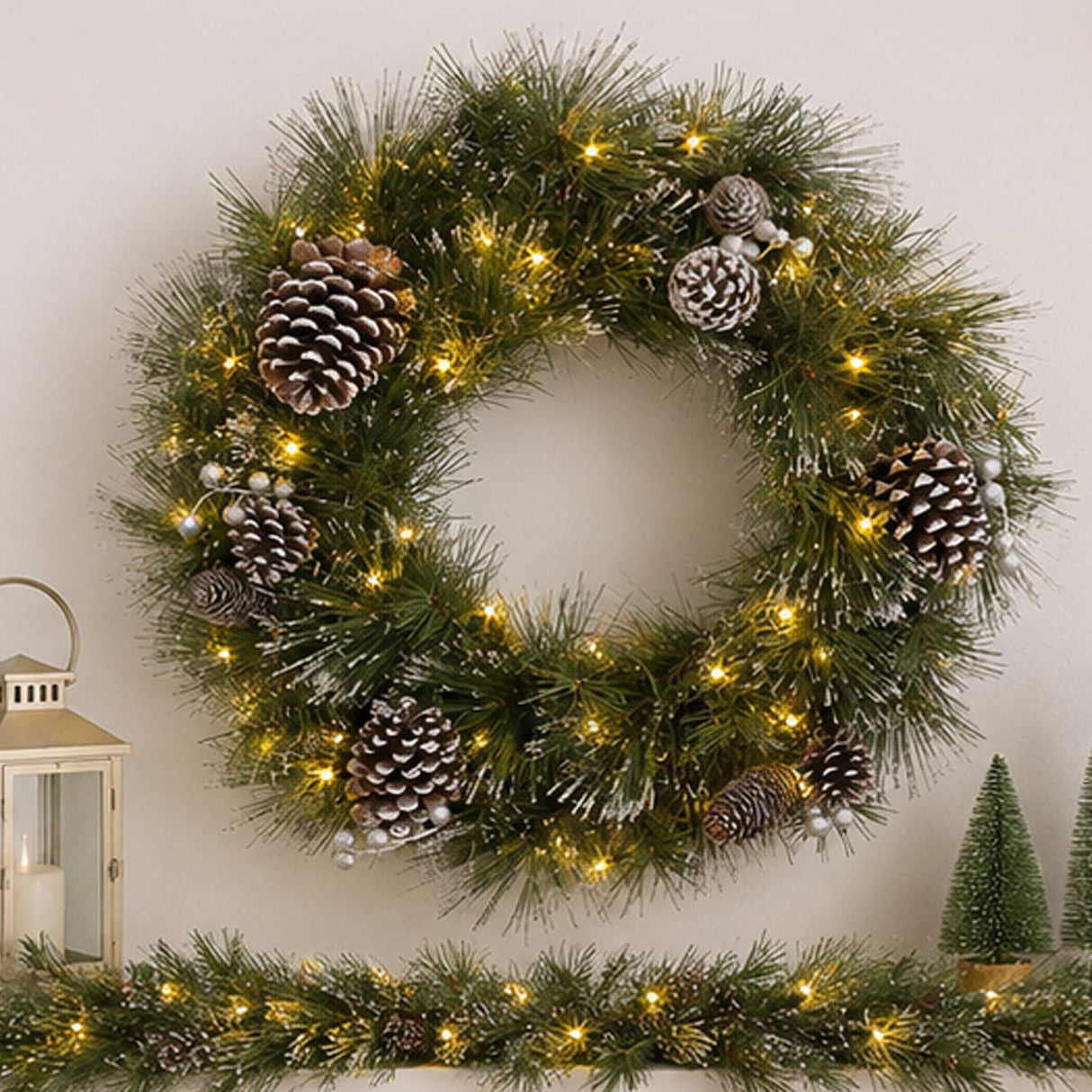 Pre-Lit Whitter Pine Wreath with Warm White LED Lights, 24 Inch