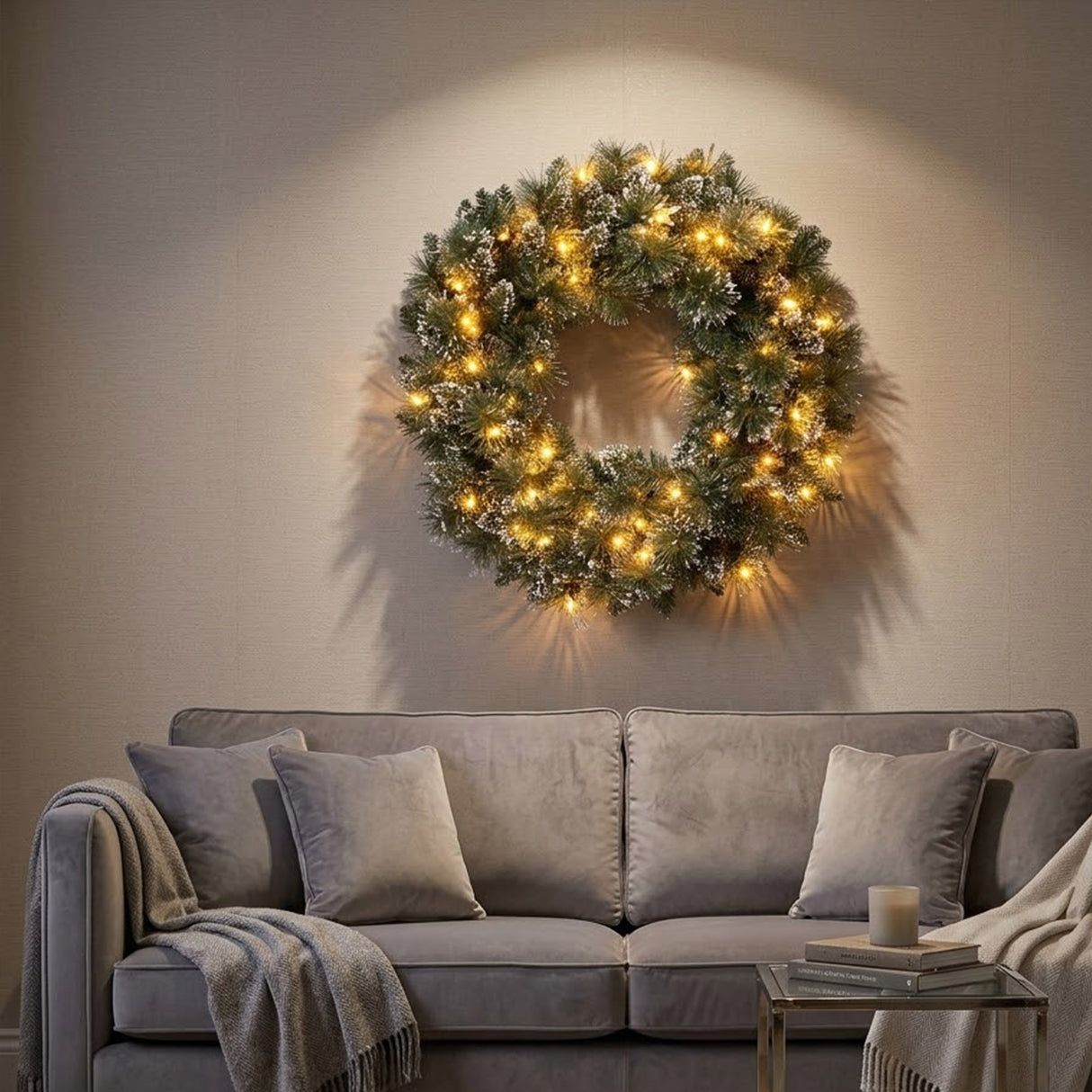 Pre-Lit Glittery Bristle Pine Wreath with Clear Lights, 24 Inch