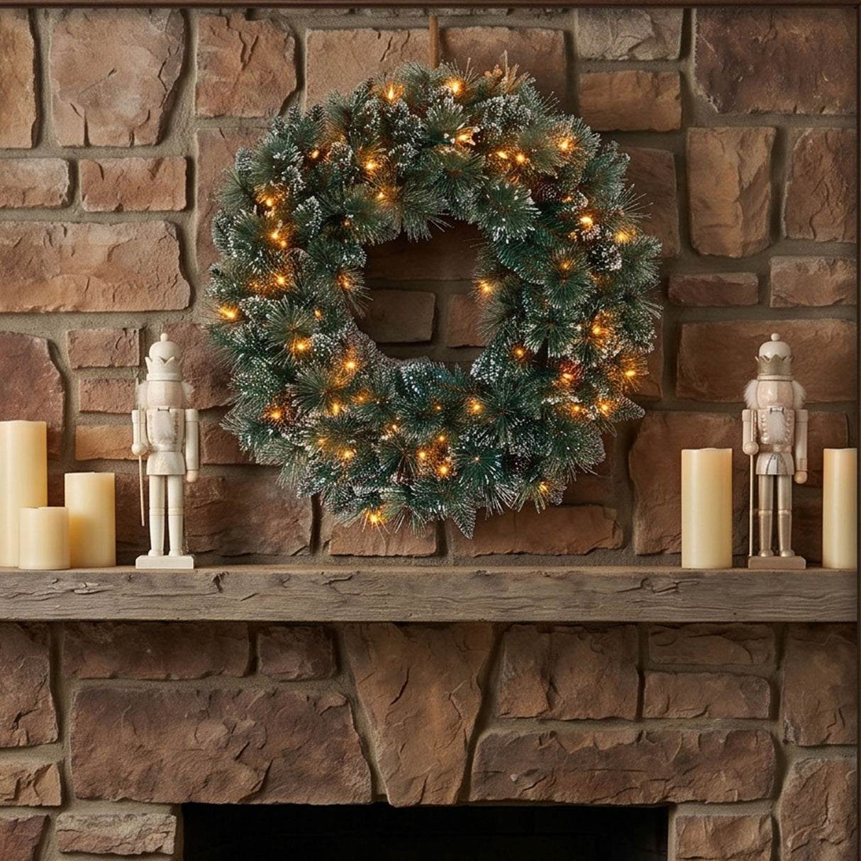 Pre-Lit Glittery Bristle Pine Wreath with Twinkly Smart LED Lights, 24 Inch