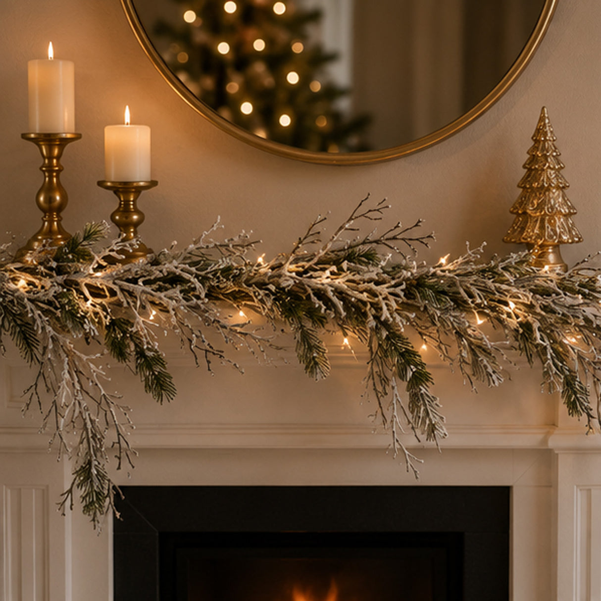 Pre-Lit Snowy Twig Garland with Warm White LED Rice Lights, 9ft