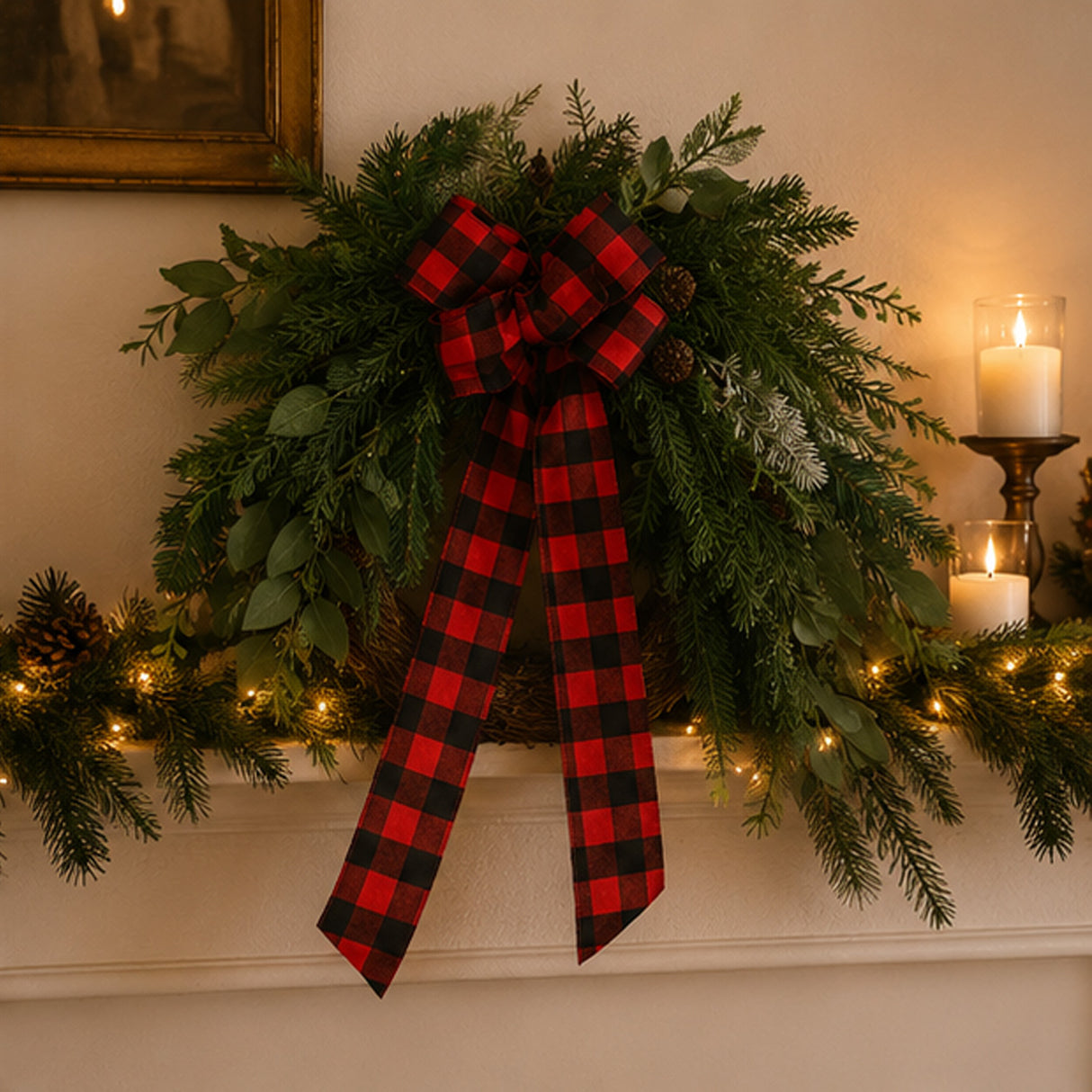 Mixed Pine Wreath with Buffalo Plaid Bow & Pinecones, 22 Inch Holiday Decor