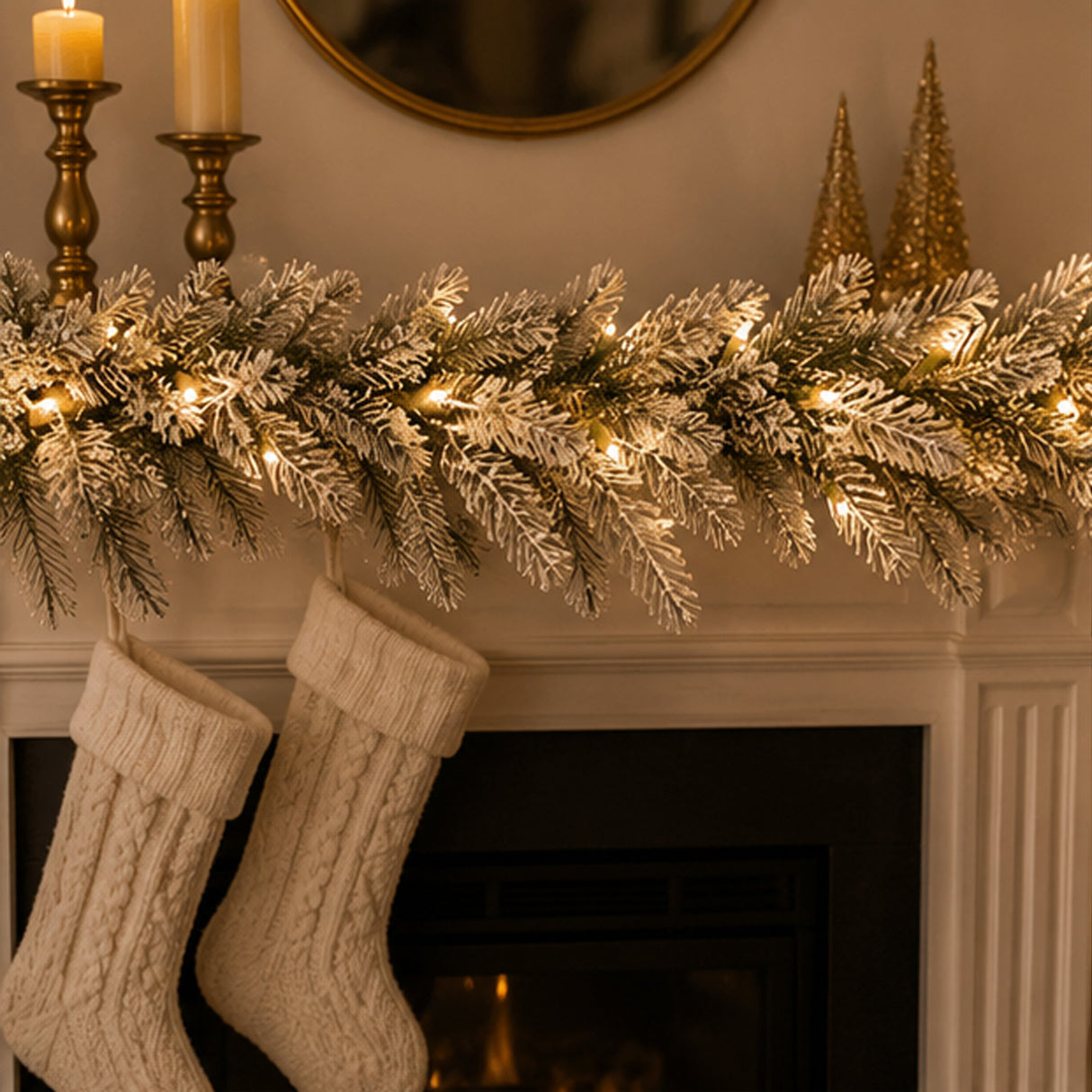 Pre-Lit Snowy Sheffield Spruce Garland with Clear Lights, 9ft Holiday Decor