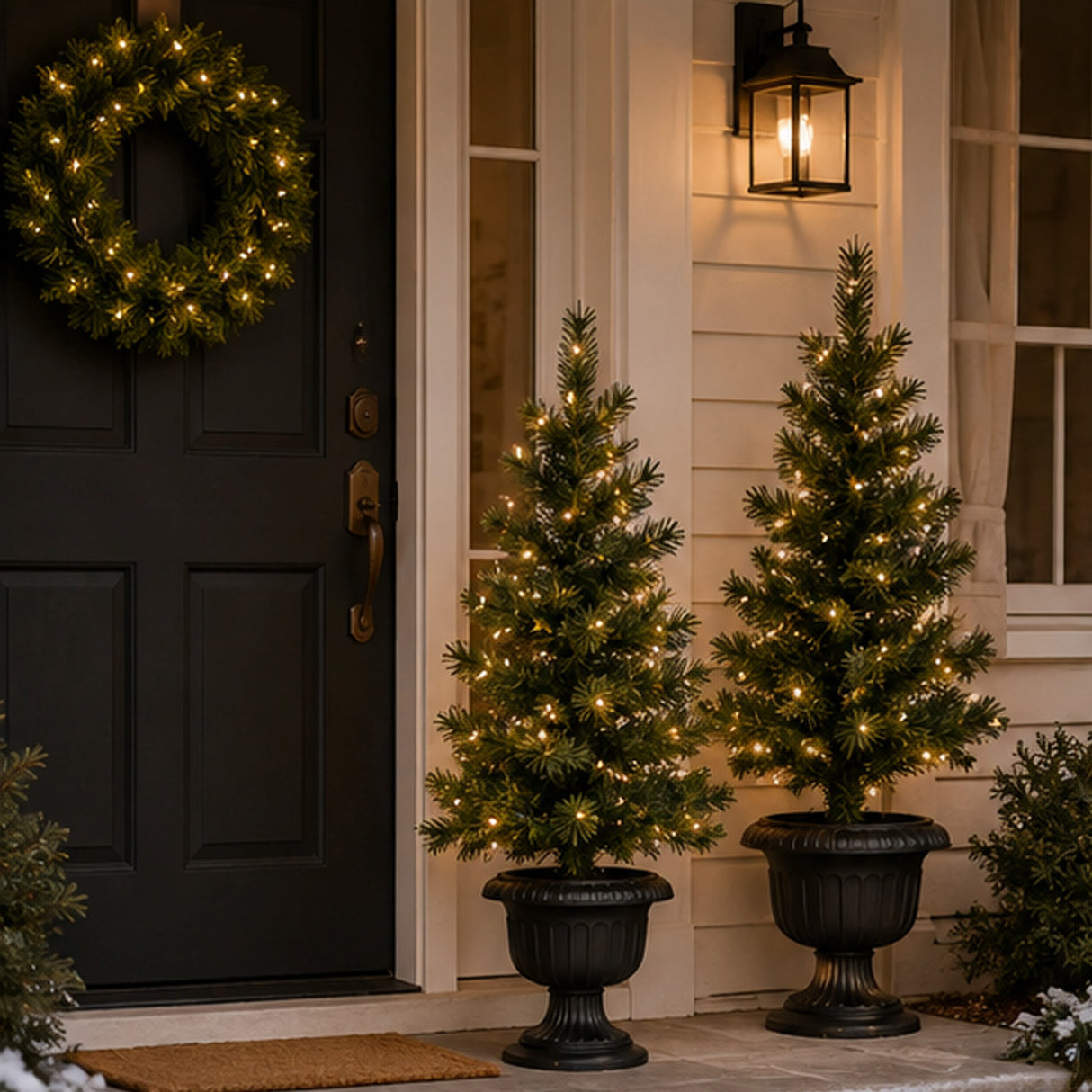 Pre-Lit Warm Welcome 3-Piece Christmas Entry Set with Trees & Wreath