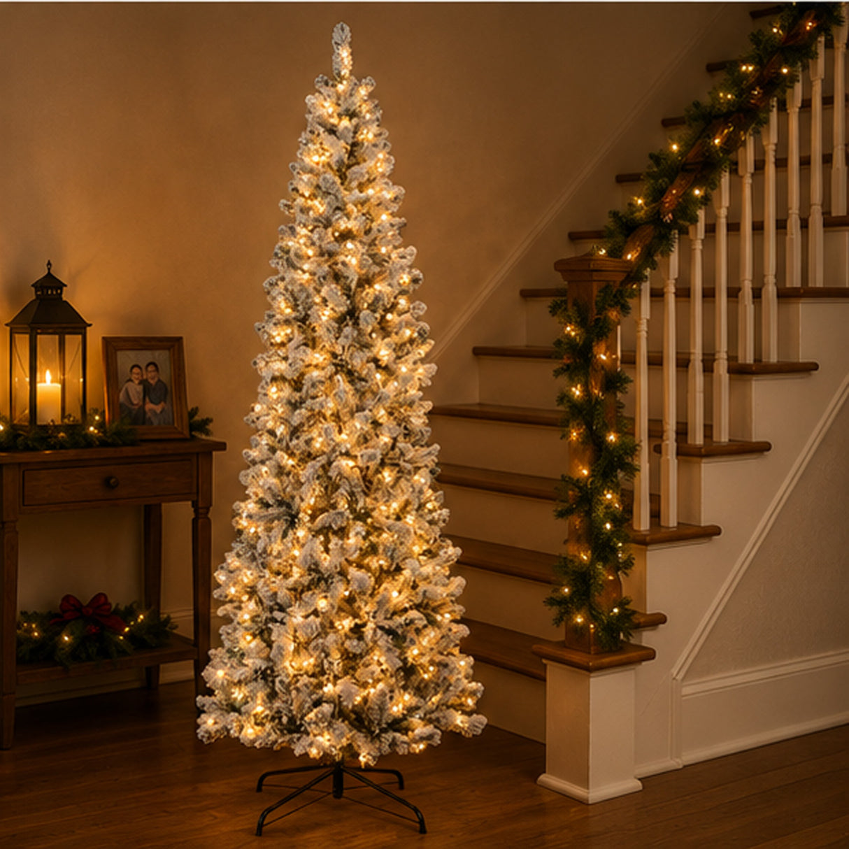 Pre Lit Snow Flocked Pencil Christmas Tree Slim Artificial Tree