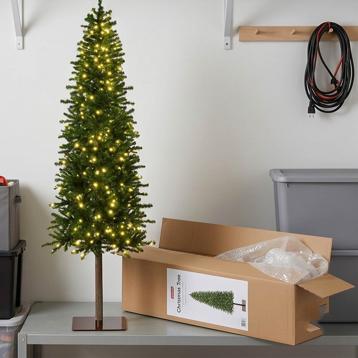 Pre Lit Artificial Alpine Slim Pencil Christmas Tree with LED Lights Stand