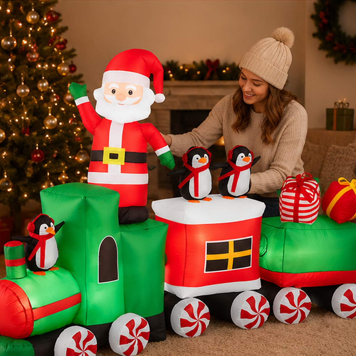 Pre Lit Inflatable Christmas Train with Animated Santa Claus 8.5 Ft