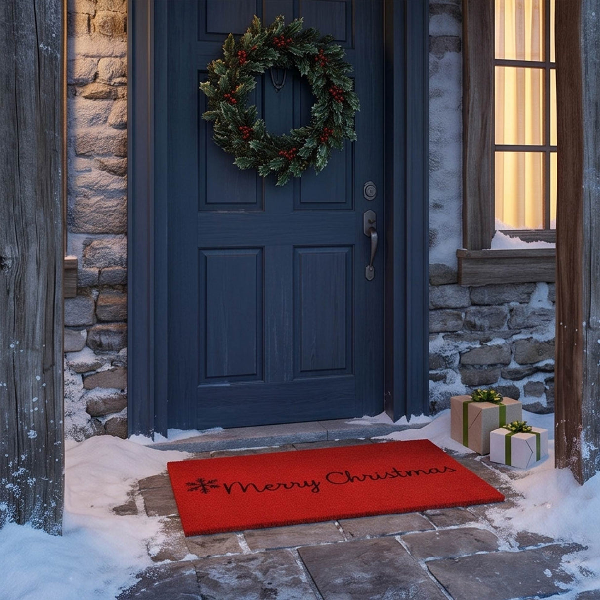 Red Merry Christmas Coir Door Mat 17x29 Inch Holiday Welcome Mat