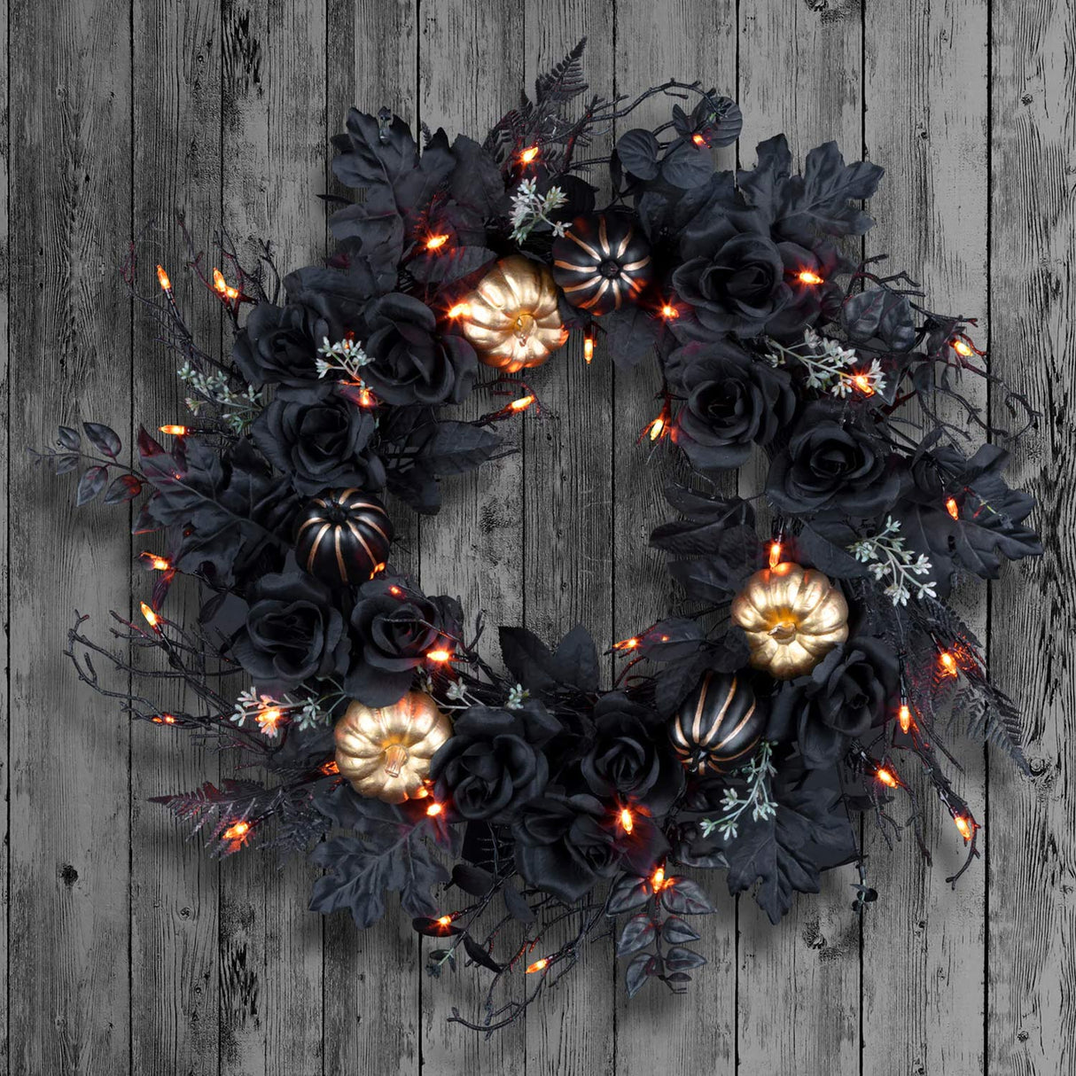 Halloween Chic Eek Black and Gold Wreath with LED Lights