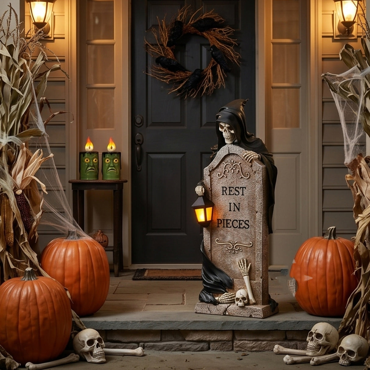 16 in. Halloween Skeleton Grim Reaper Standing with Gravestone Decoration