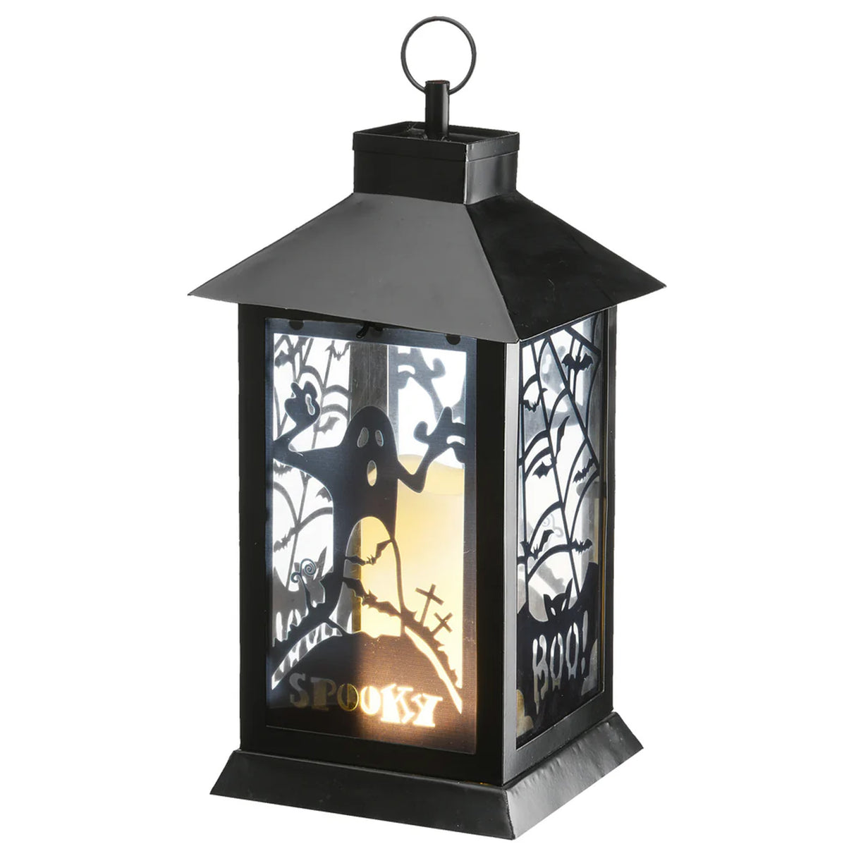 16 in. Halloween Carved Images of Ghosts and Cobwebs Lantern with LED Lights