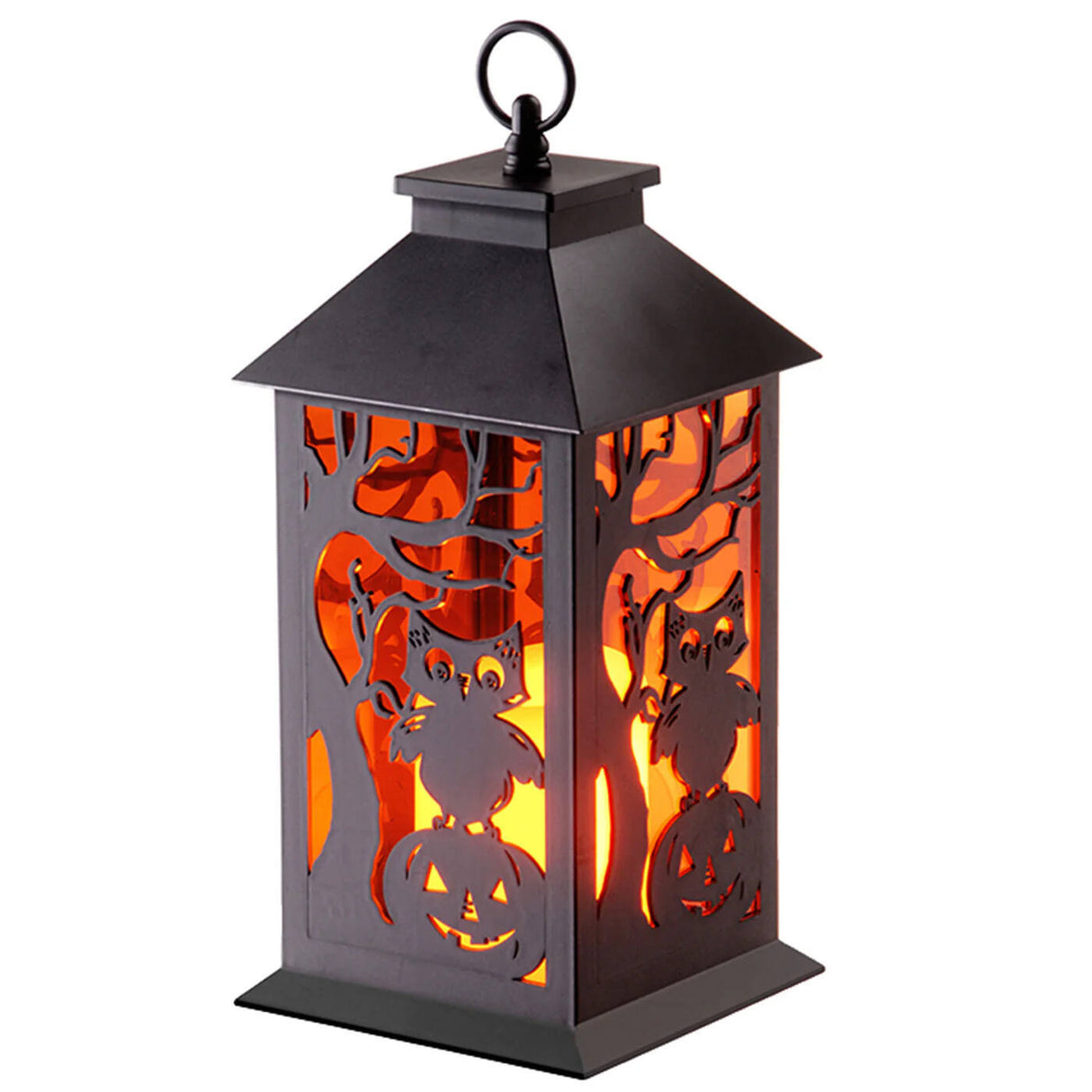 12 in. Halloween Carved Images Lantern with Owls, Pumpkins & Leafless Trees (LED Lights)