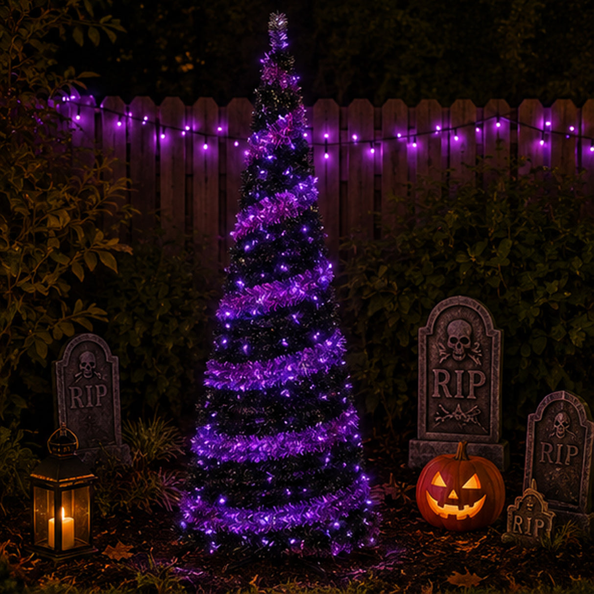 7.5 ft Pre Lit Black Halloween Tree with Orange LED Lights