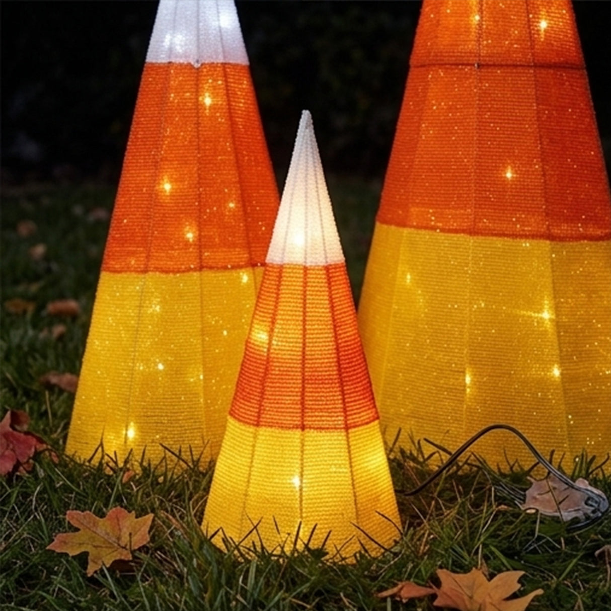 3 Piece Candy Corn Cone Halloween LED Yard Decoration Set Plug In