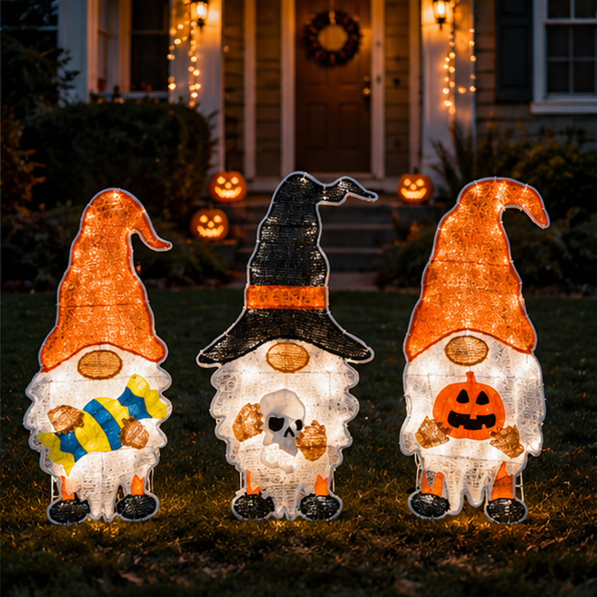30IN Pre-Lit Halloween Gnome Trio Outdoor LED Lawn Decoration