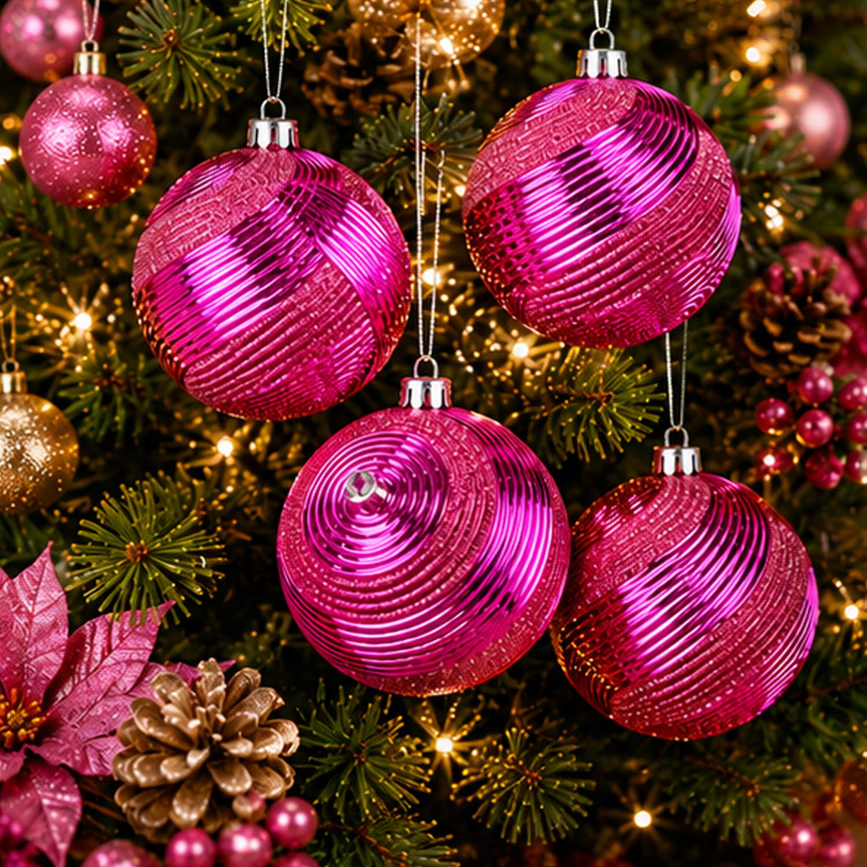 4-Piece Shatterproof Swirling Pink Glitter Christmas Balls