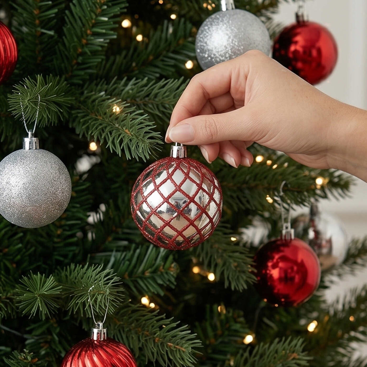 10IN Red & Silver Shatterproof Christmas Ornament Set