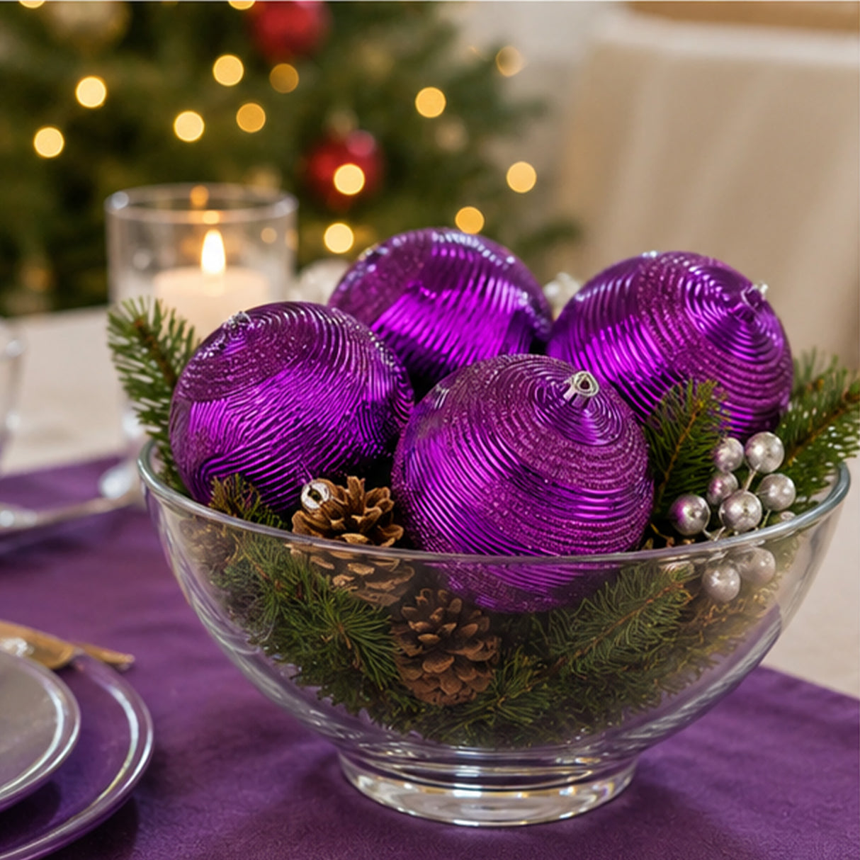 4PC Shatterproof Swirling Purple Glitter Christmas Ball Ornaments