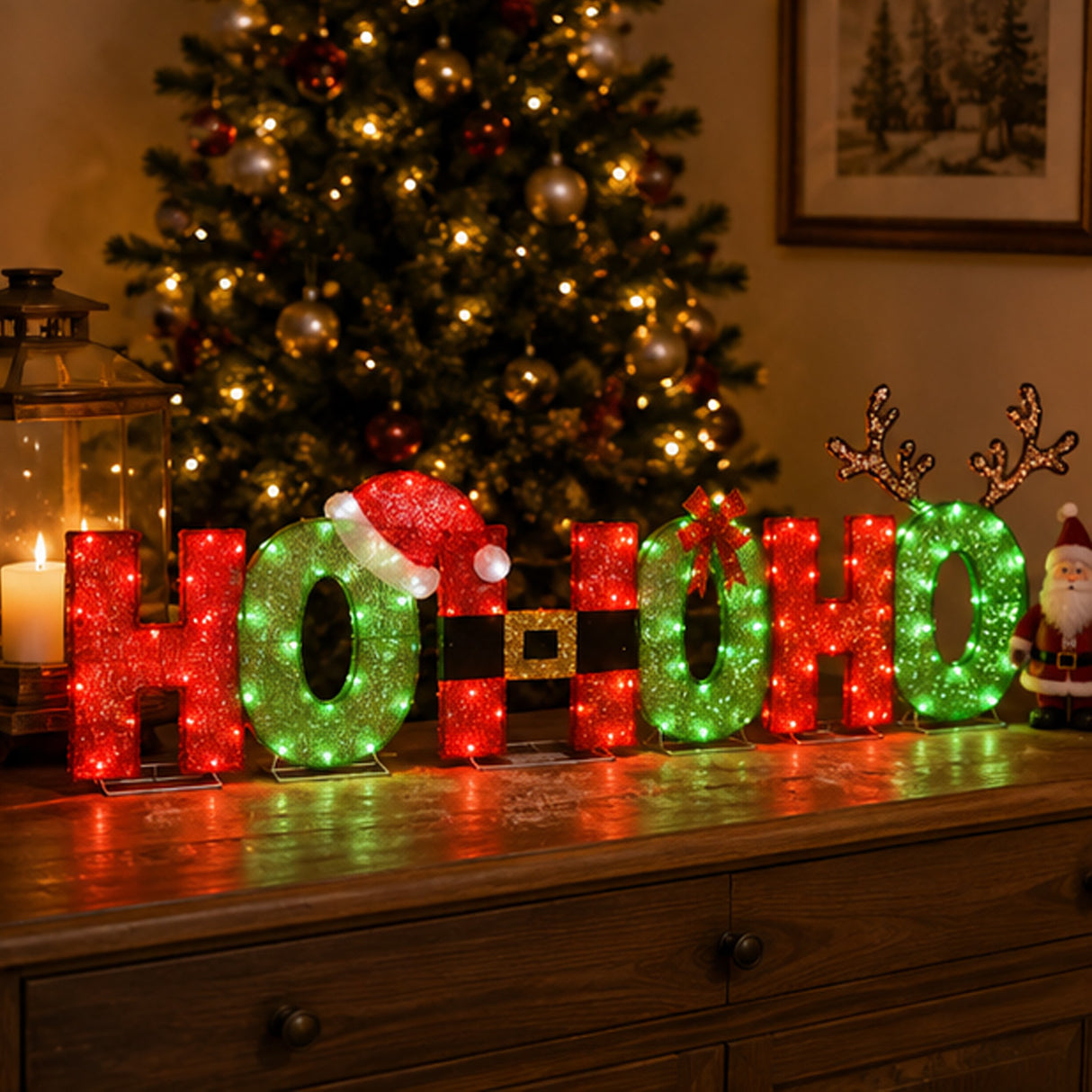 23IN Tinsel Fabric HO HO HO Christmas Sign with Red & Cool White LED Lights Plug-In