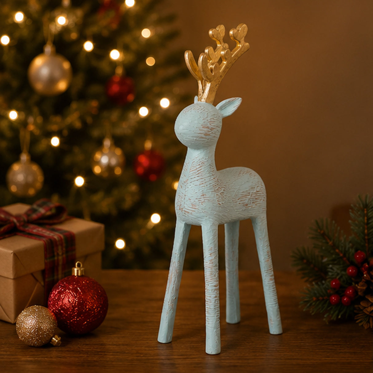 9IN Woodgrain Reindeer Figurine Blue with Gold Antlers Indoor Holiday Decor