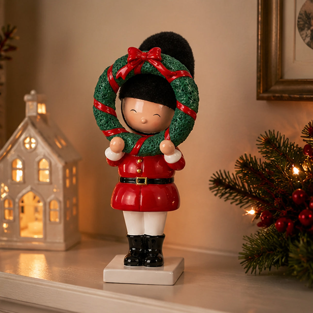 10IN Christmas Soldier Figurine Holding Wreath Hand-Painted Indoor Holiday Decor
