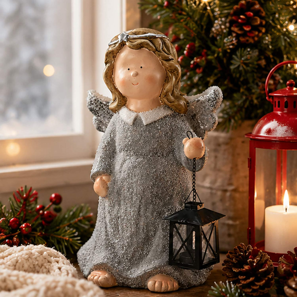 16IN Angel Figurine with Lantern Tea Light Holder Gray Robe Christmas Decor Piece