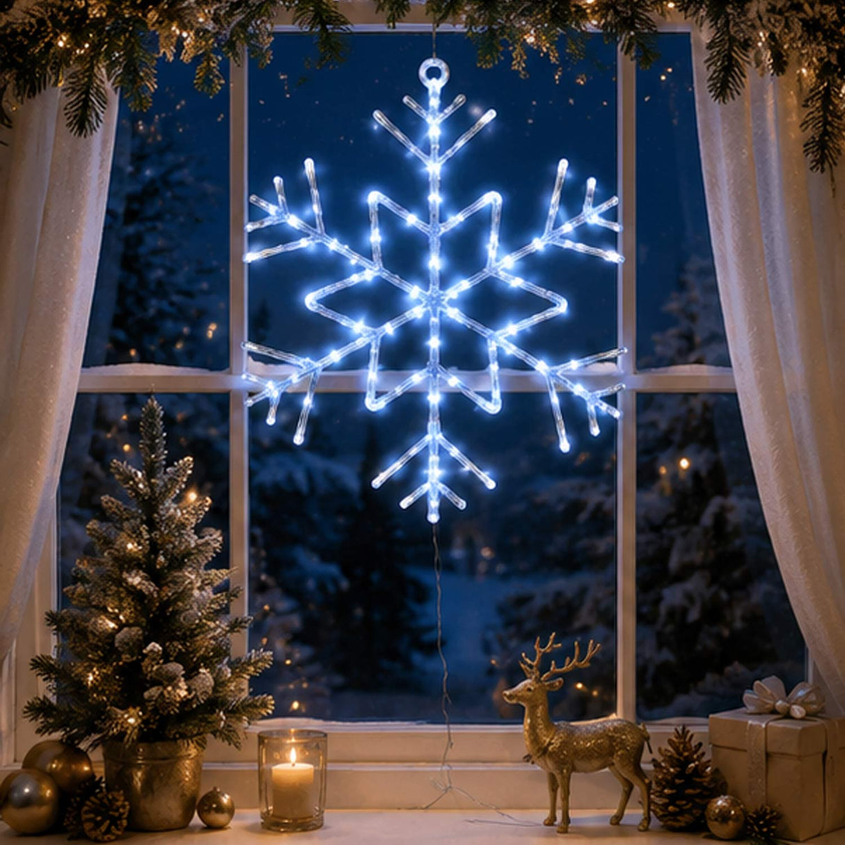 24IN Pre-Lit Six Point Star Snowflake with Cool White LED Lights