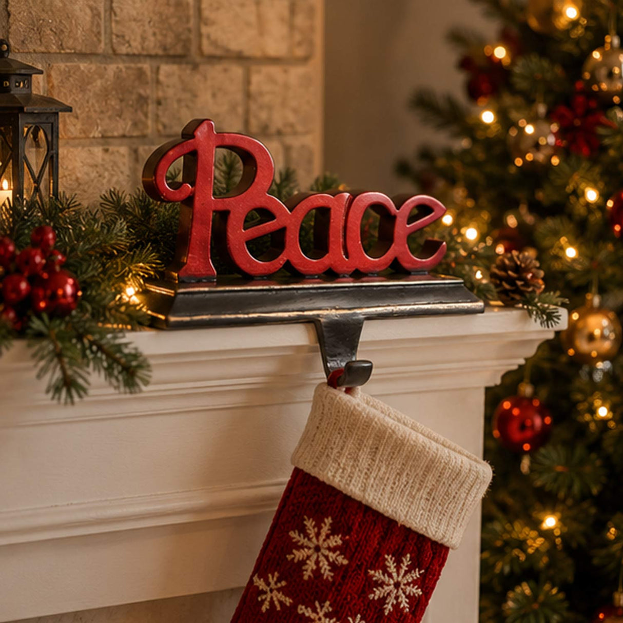 8.7IN PEACE Christmas Stocking Holder with Gold Trim