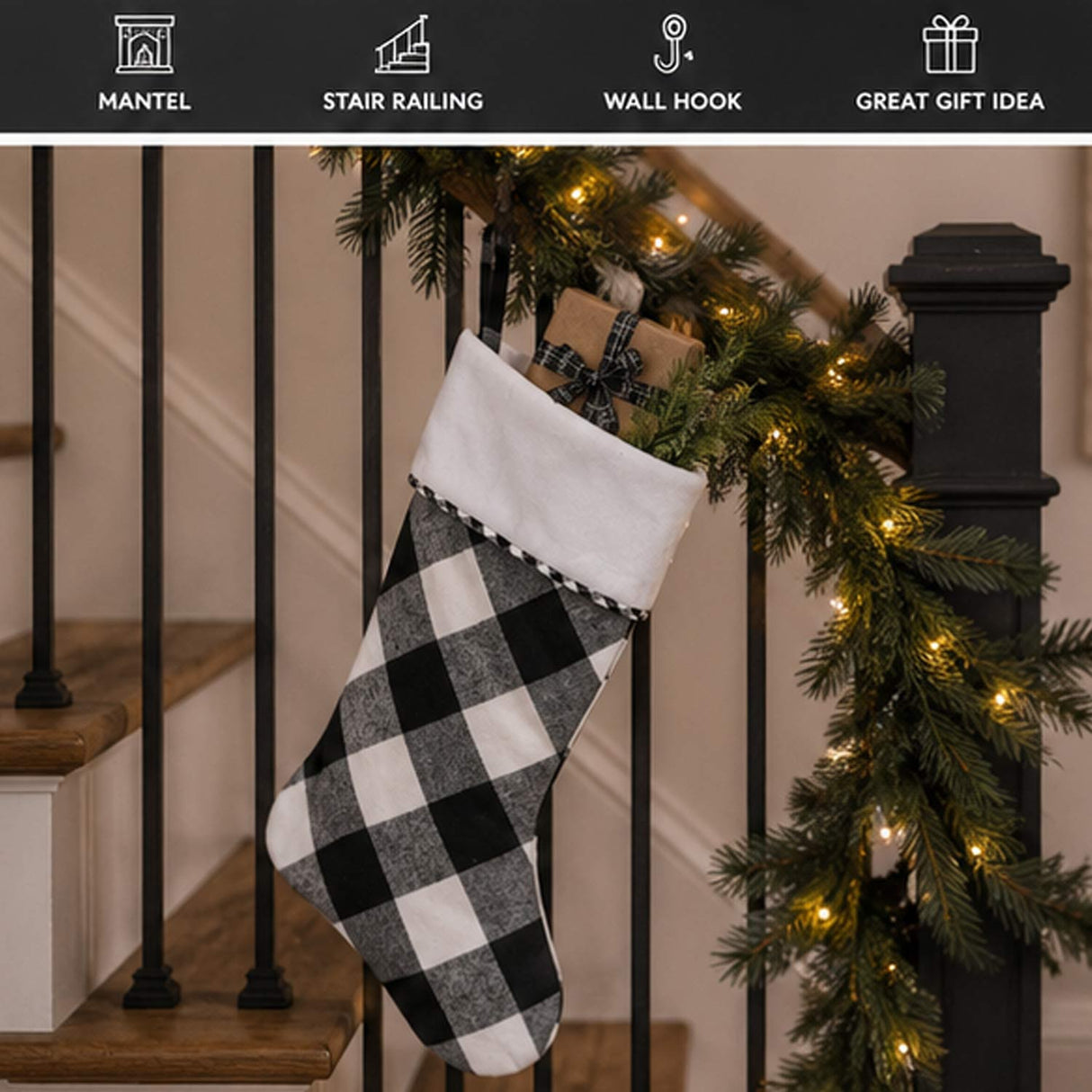 19IN General Store Collection Black & White Plaid Christmas Stocking