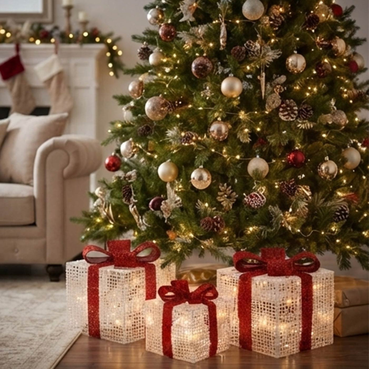 Pre-Lit White Christmas Gift Boxes Set of 3 with Clear Lights Plug-In