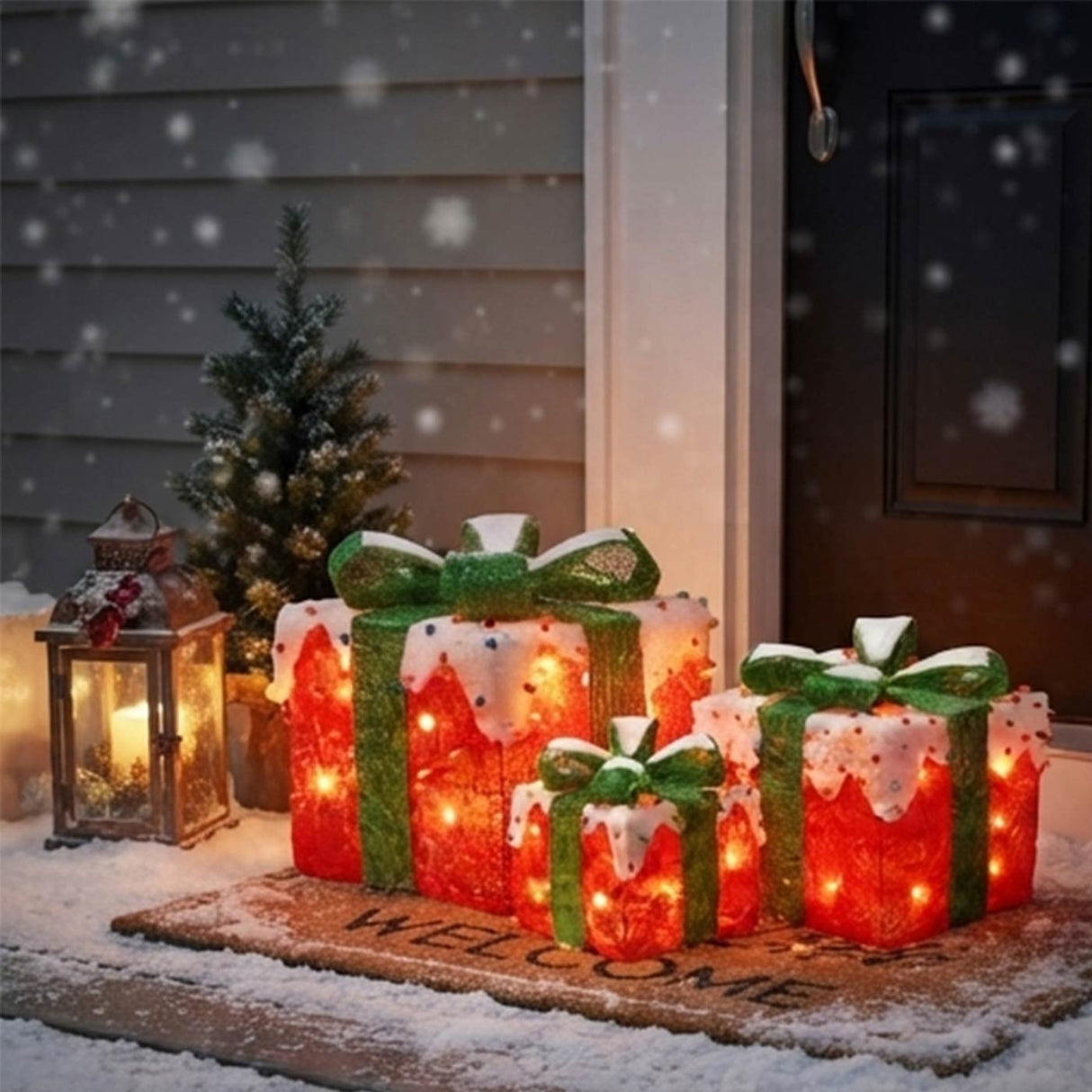 Pre-Lit Red and White Christmas Gift Boxes Set of 3 with White Lights