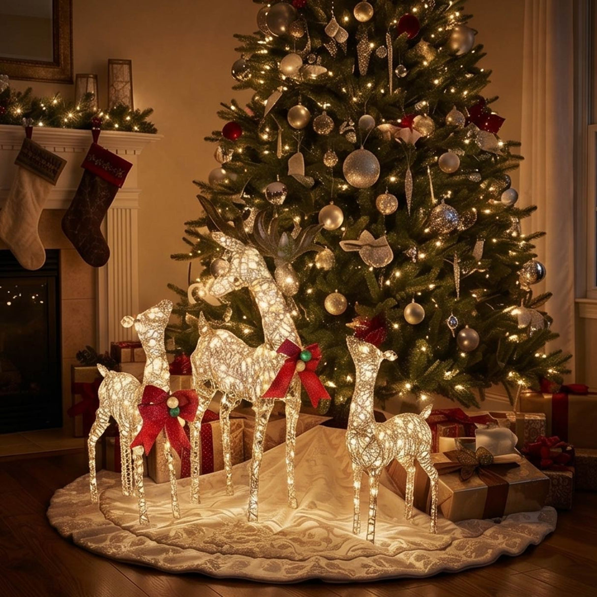 Champagne Glitter Deer Family 3-Piece with Warm White LED Lights