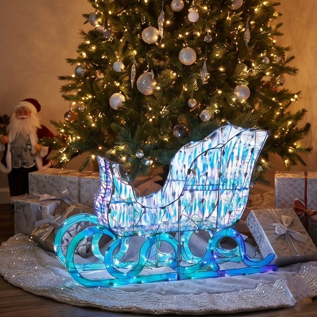 26IN Pre Lit Iridescent Santa Sleigh with Cool White LED Lights