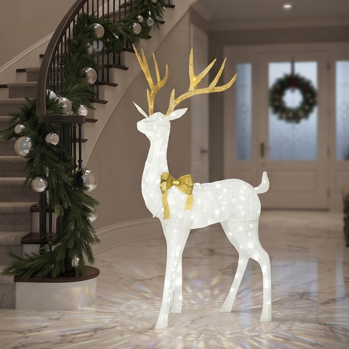 Pre Lit Crystal White Standing Buck with White LED Lights 18 Inch