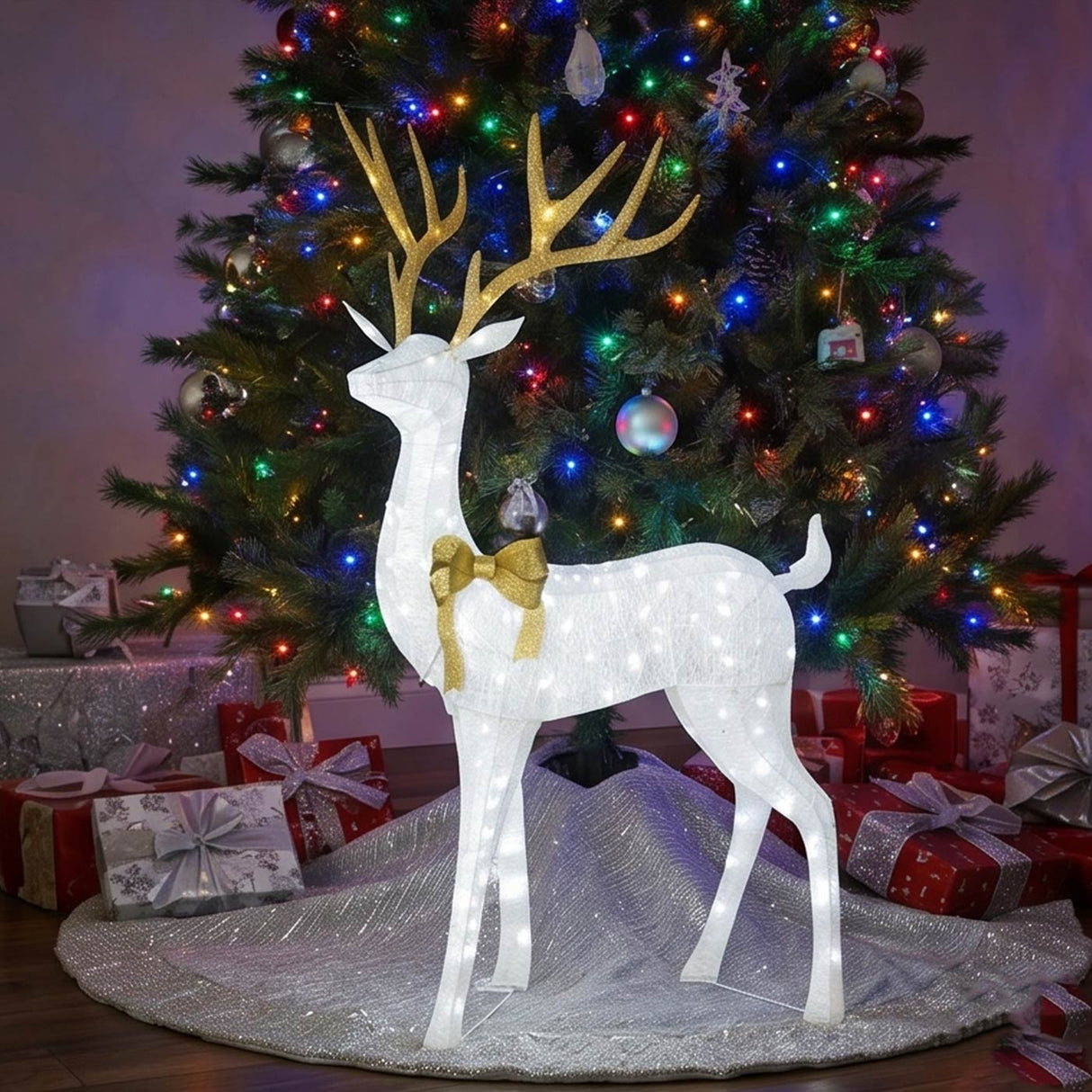 Pre Lit Crystal White Standing Buck with White LED Lights 18 Inch