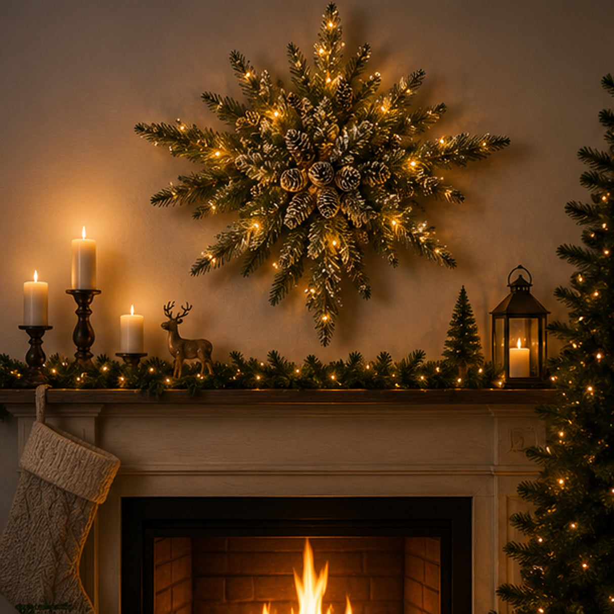 Pre-Lit 32 in. Glittery Bristle Pine Snowflake Christmas Wall & Door Decoration with Warm White LED Lights