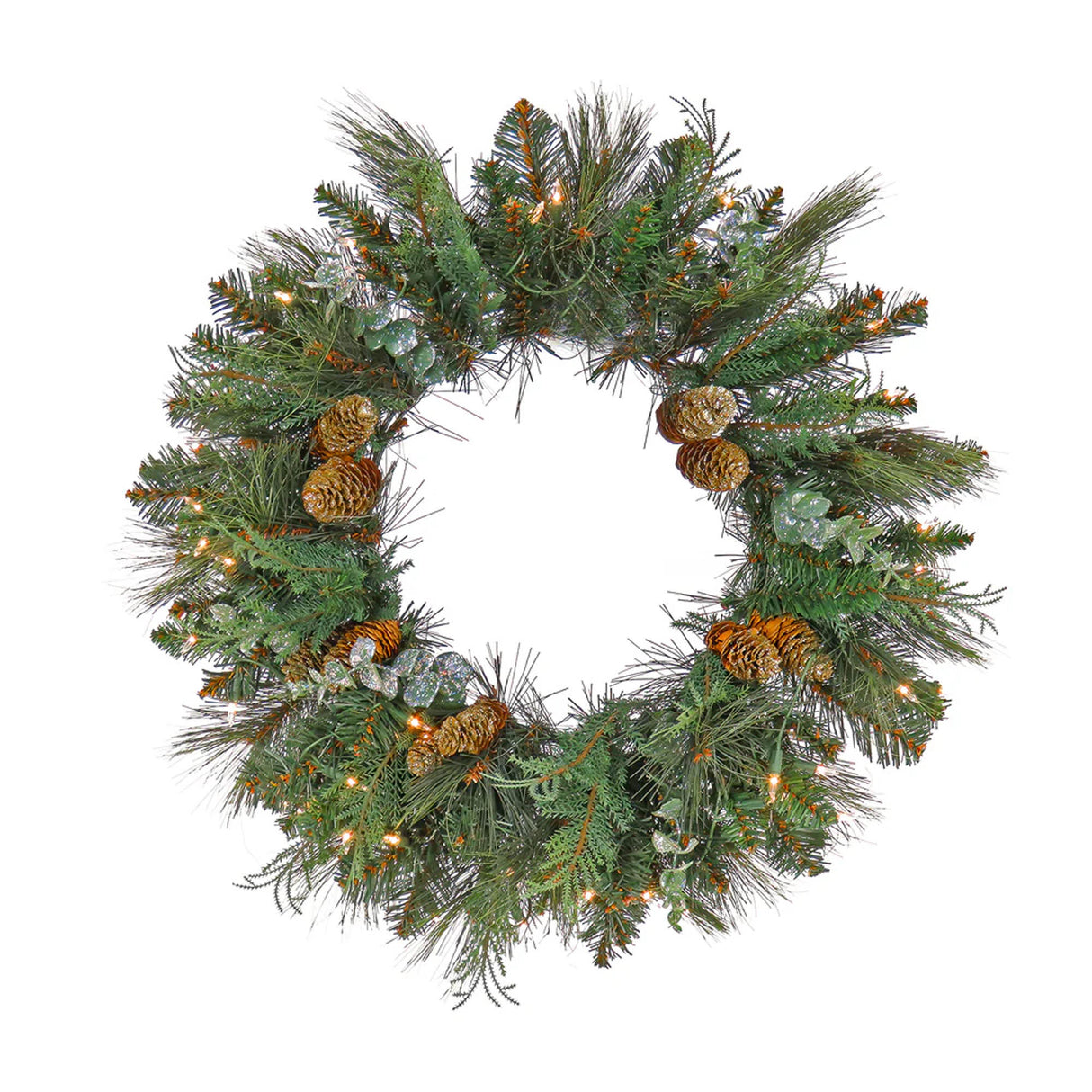 Pre-Lit 24 in. North Conway Christmas Wreath with Clear Lights with Eucalyptus and Pinecones