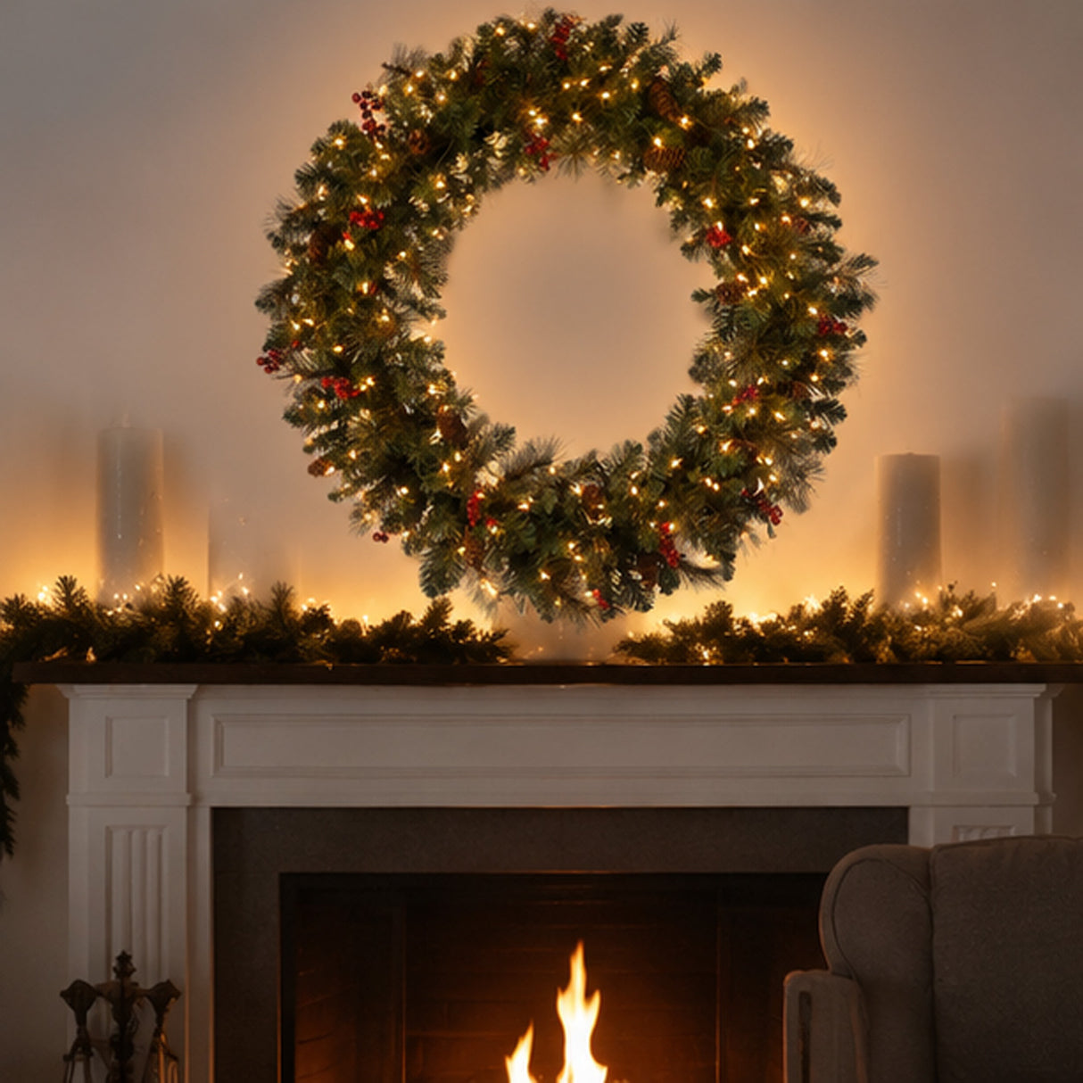 Pre-Lit 36 in. Crestwood Spruce Christmas Wreath with 200 Clear Lights, Plug-In Holiday Door Decoration